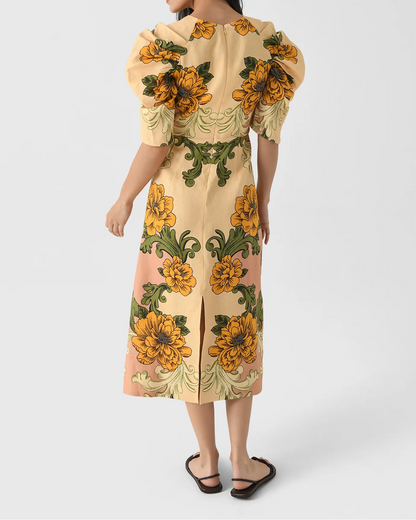 Women's Delicate Flower Arabesques Short Sleeve Midi Dress
