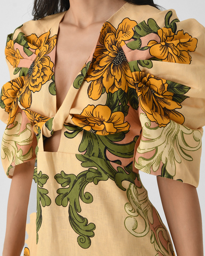 Women's Delicate Flower Arabesques Short Sleeve Midi Dress