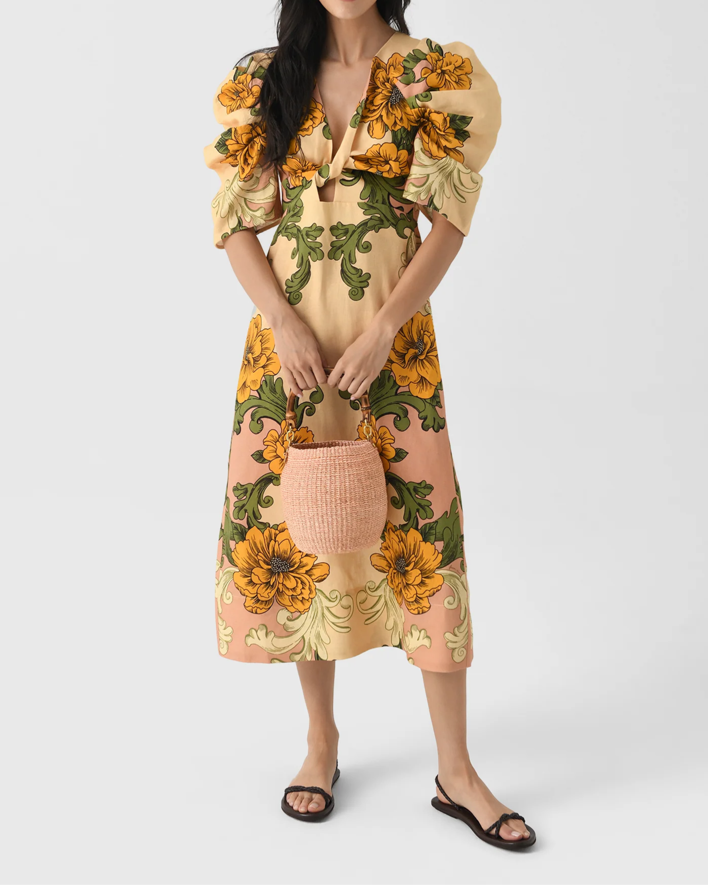 Women's Delicate Flower Arabesques Short Sleeve Midi Dress