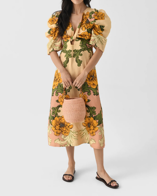 Women's Delicate Flower Arabesques Short Sleeve Midi Dress