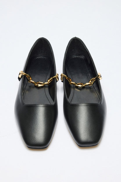 Women's Black Ballet Shoes With Shiny Chain Decoration