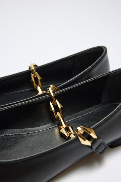 Women's Black Ballet Shoes With Shiny Chain Decoration