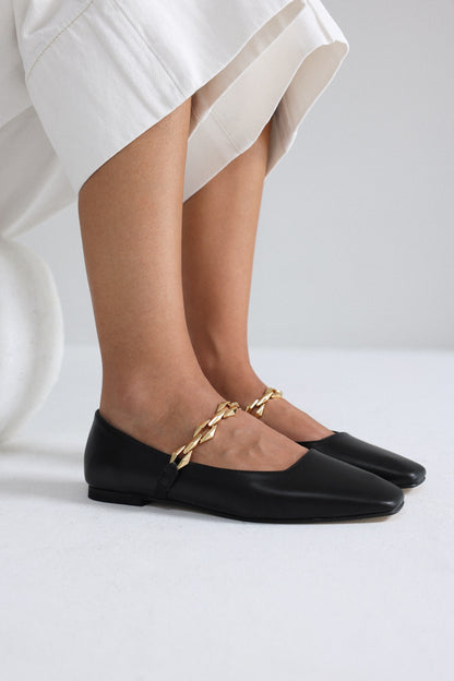 Women's Black Ballet Shoes With Shiny Chain Decoration