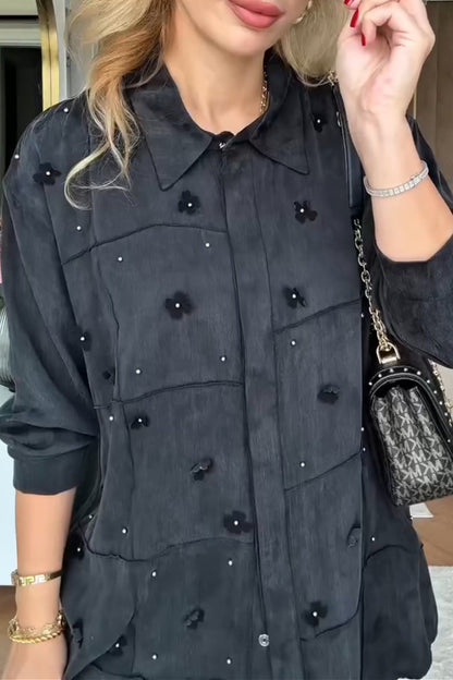Solid Color Long Sleeve Shirt With Small Flower Decoration