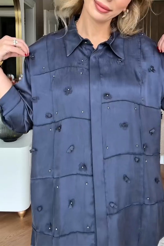 Solid Color Long Sleeve Shirt With Small Flower Decoration