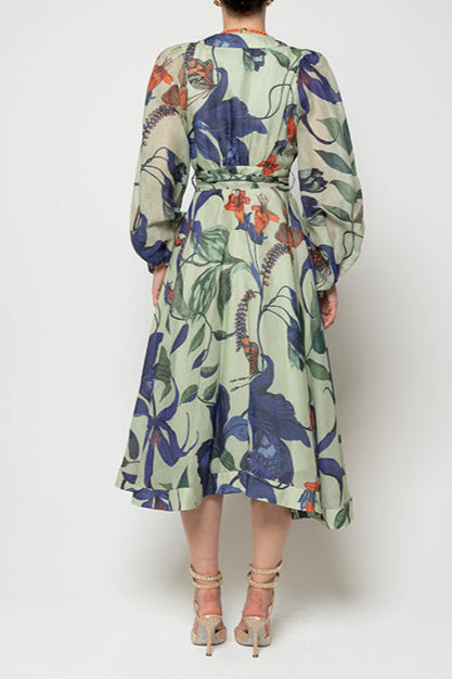 Green Blue Gradient Print Long Sleeve Dress