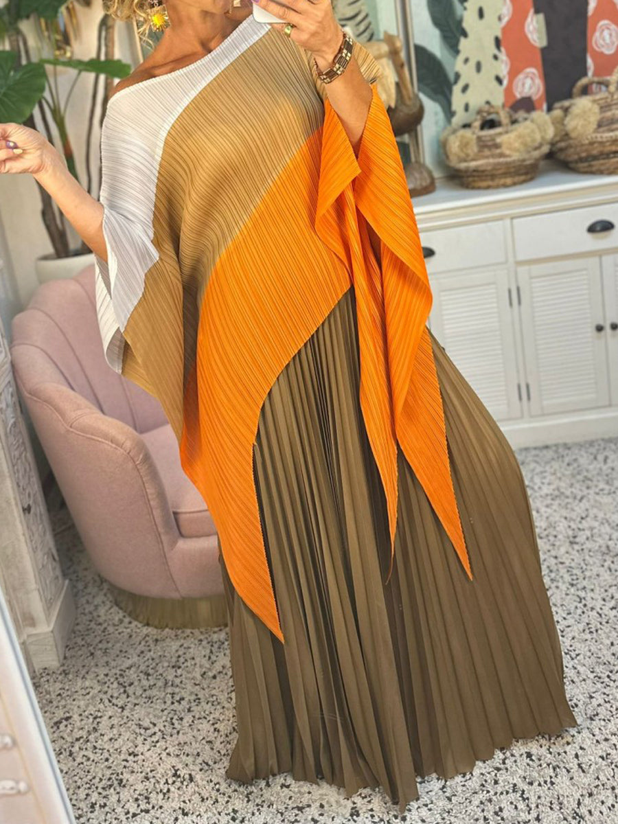 Irregular Color Block Pleated Two Pieces Set