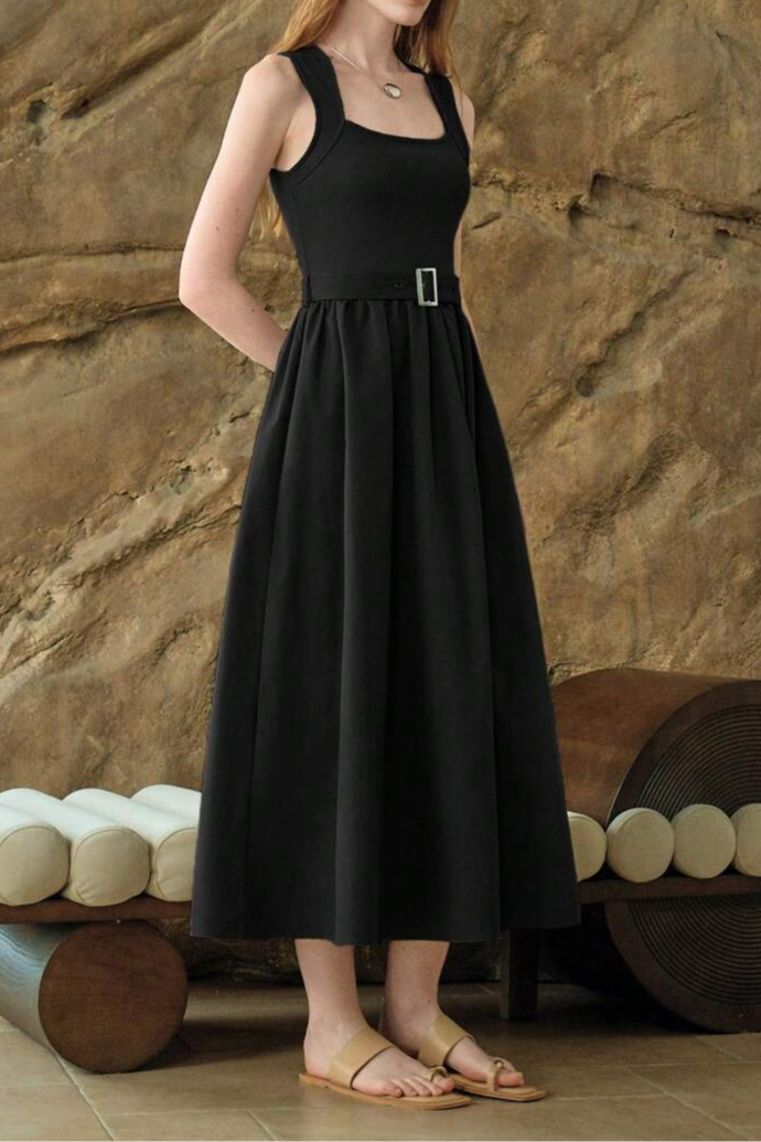 Sleeveless Square Collar Waist A- Shaped Asymmetric Stitching Dress