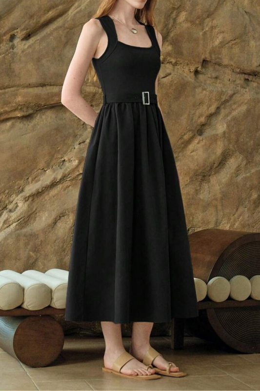 Sleeveless Square Collar Waist A- Shaped Asymmetric Stitching Dress