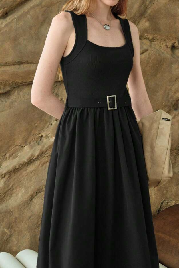 Sleeveless Square Collar Waist A- Shaped Asymmetric Stitching Dress