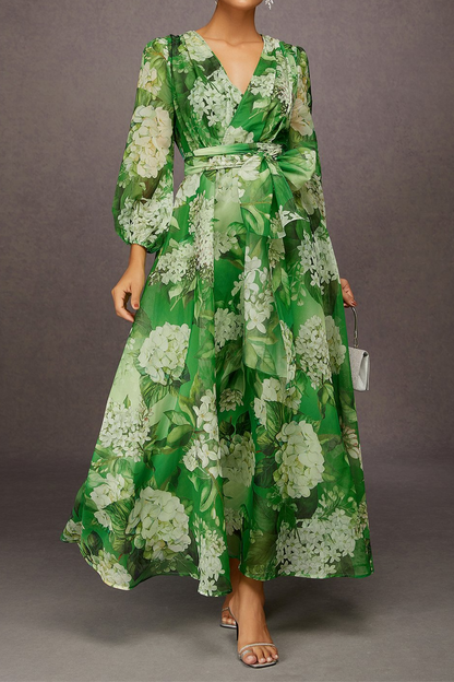 Elegant Floral Print V-neck Maxi Dress