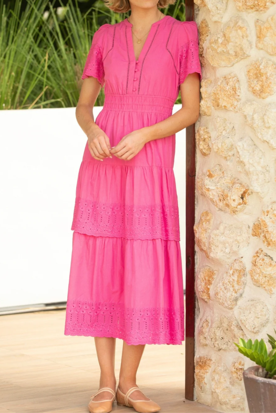 Pink Openwork Short-sleeved Dress
