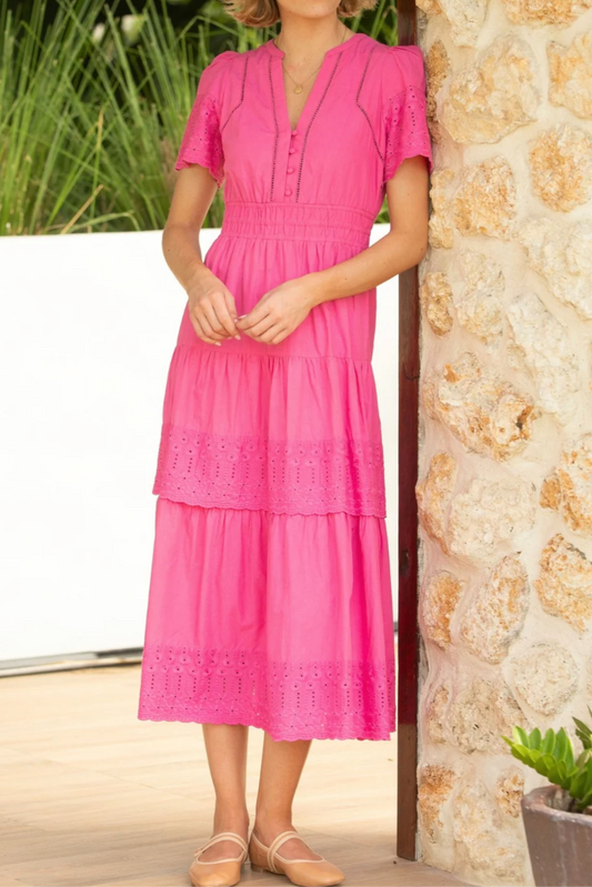 Pink Openwork Short-sleeved Dress