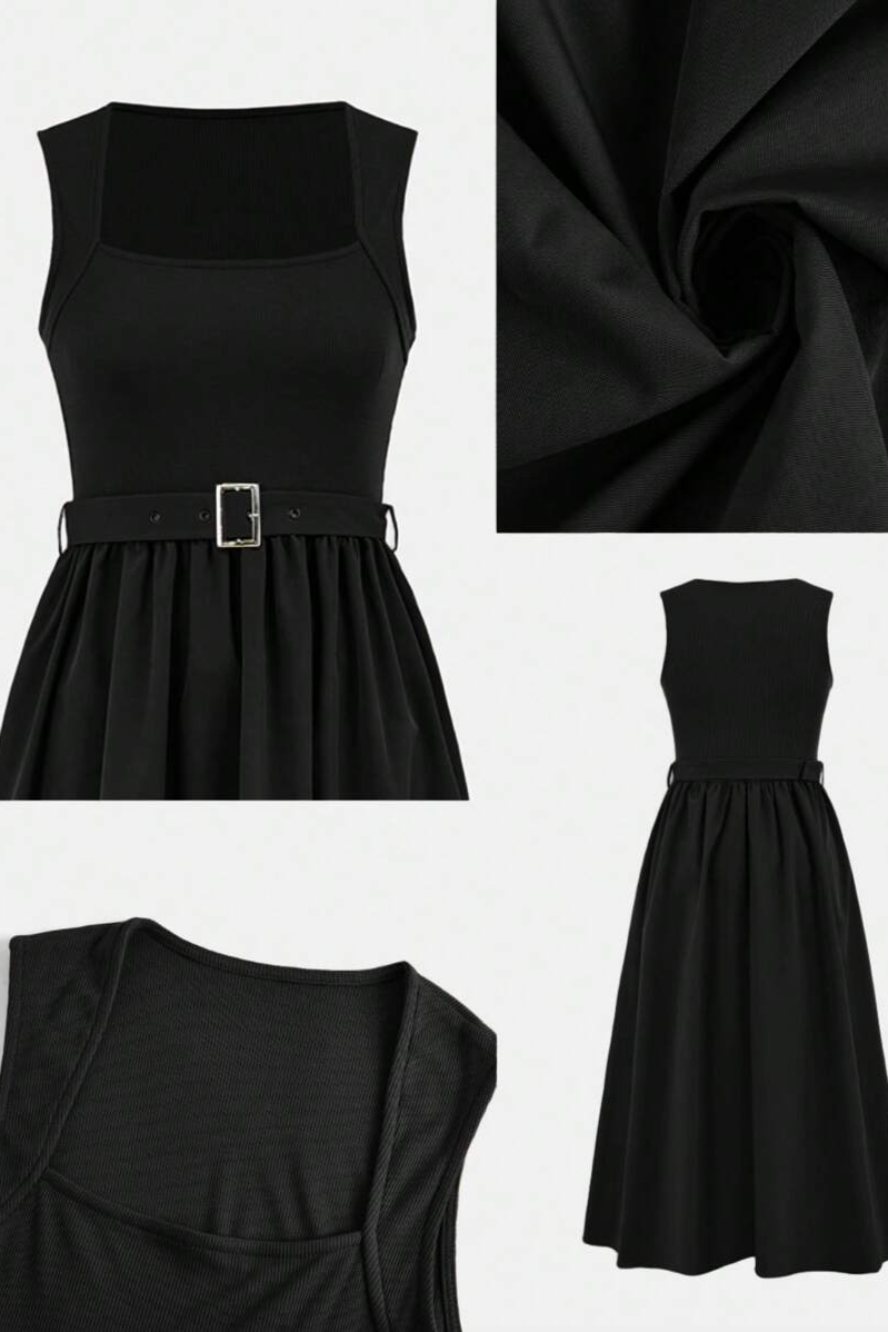 Sleeveless Square Collar Waist A- Shaped Asymmetric Stitching Dress