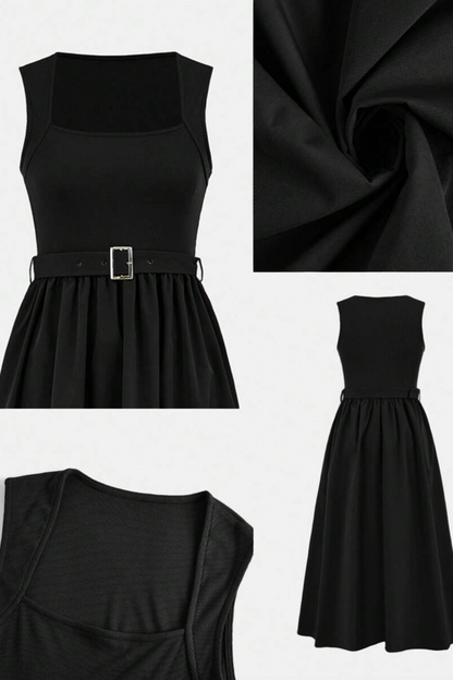 Sleeveless Square Collar Waist A- Shaped Asymmetric Stitching Dress