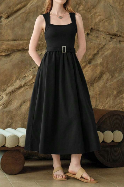 Sleeveless Square Collar Waist A- Shaped Asymmetric Stitching Dress