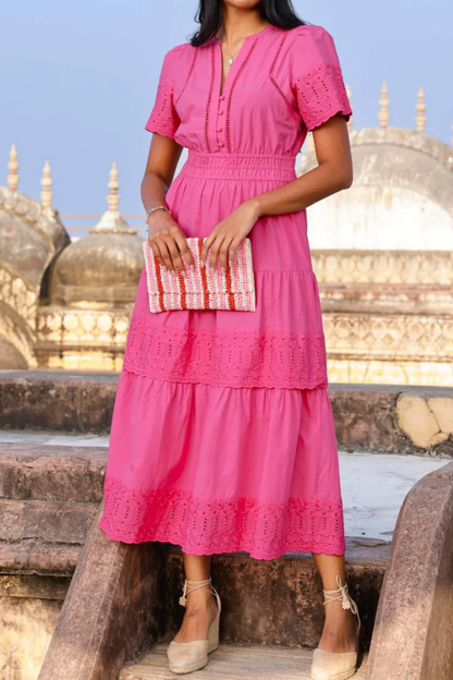Pink Openwork Short-sleeved Dress