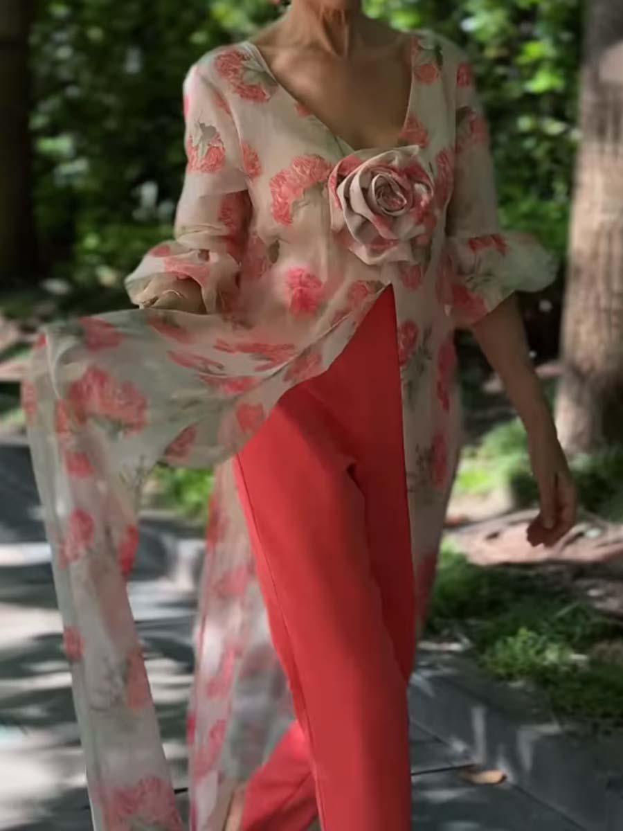 3D Flower Printed Tassels Hem Top