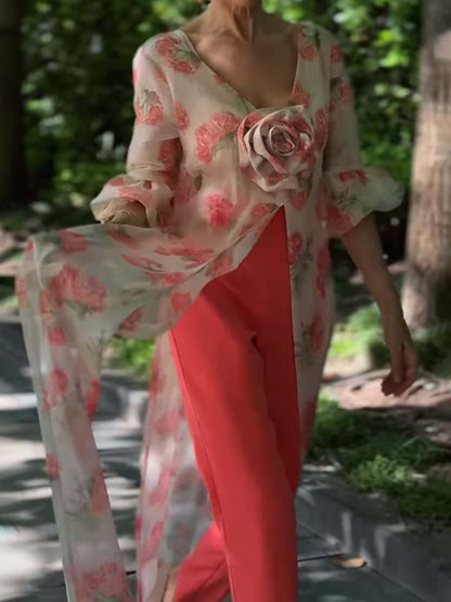 3D Flower Printed Tassels Hem Top
