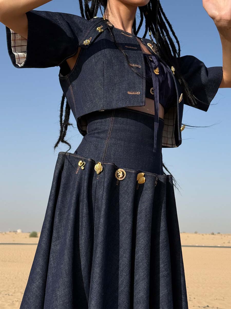 Elegant Metal Button Denim Two Pieces Dress