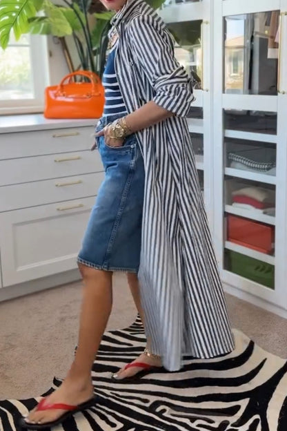 Navy Blue Striped Collar Shirt Dress