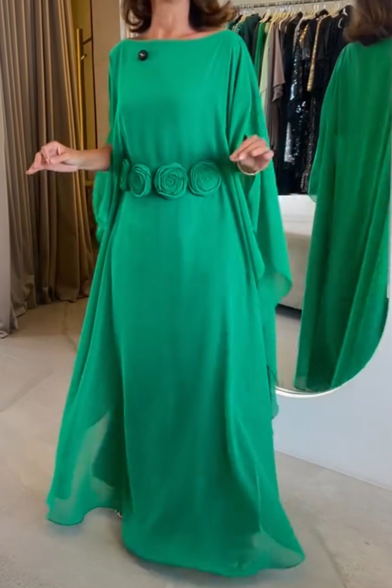 Grass Green Three-dimensional Flower Design Elegant Chiffon Dress