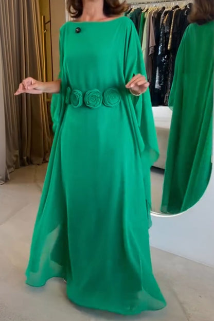 Grass Green Three-dimensional Flower Design Elegant Chiffon Dress