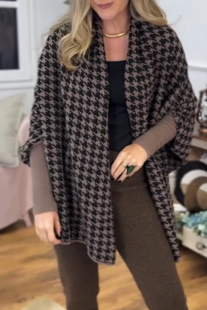 Houndstooth Batwing Sleeve Patchwork Coat