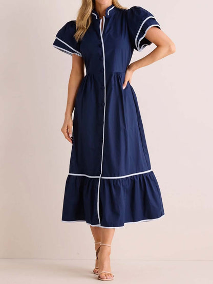 Band Collar Flounced Hem Maxi Dress