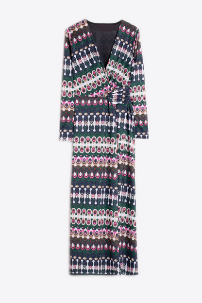 Printed Long Sleeve Long Wrap Dress