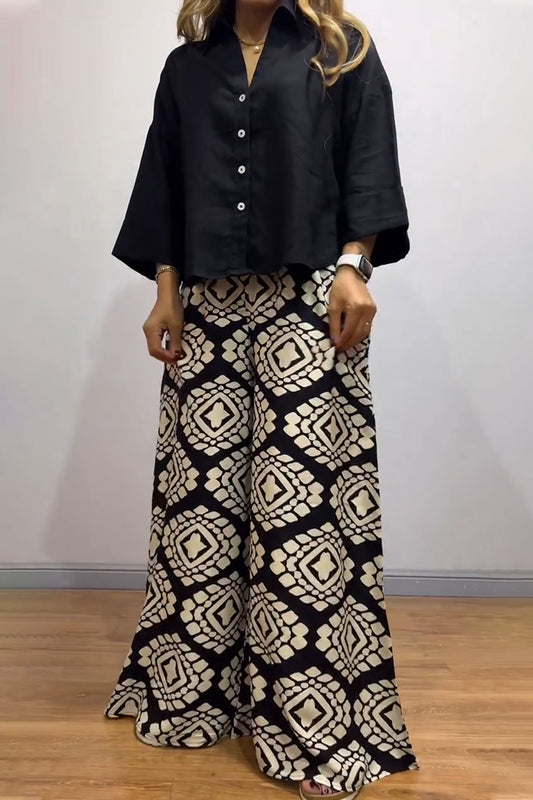 Black Shirt Wide Leg Pants Suit