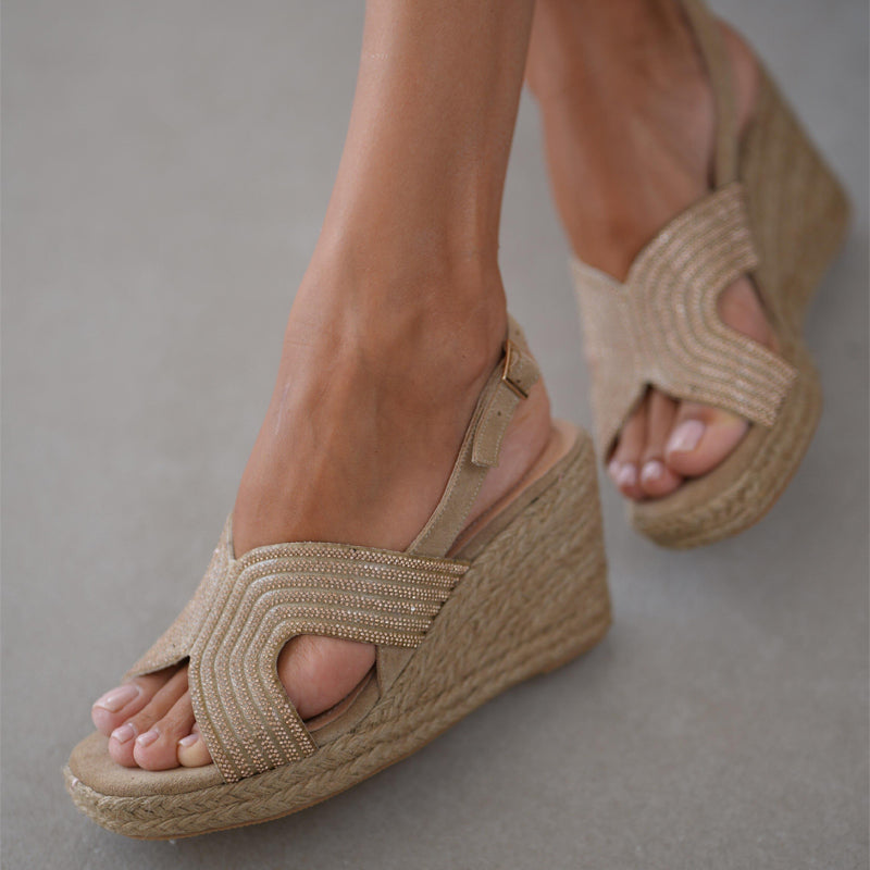 Rhinestone Sparkle Straw Wedge Sandals