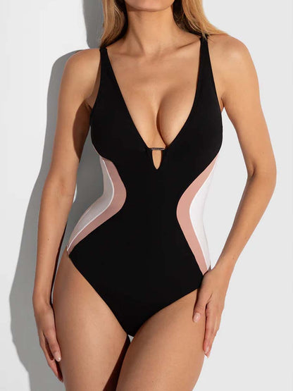 Color Block Deep V Neck Swimsuit