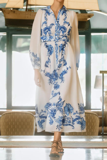 Cyan And Blue Print Shirt Dress