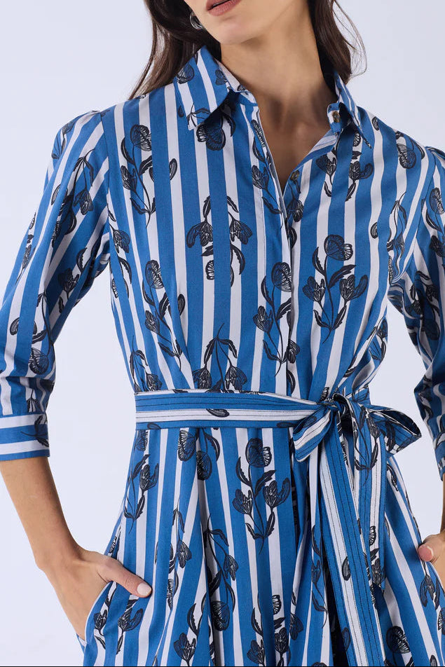 Blue And White Striped Black Printed Shirt Long Dress