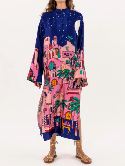 Printed Long Sleeve Stain Dress