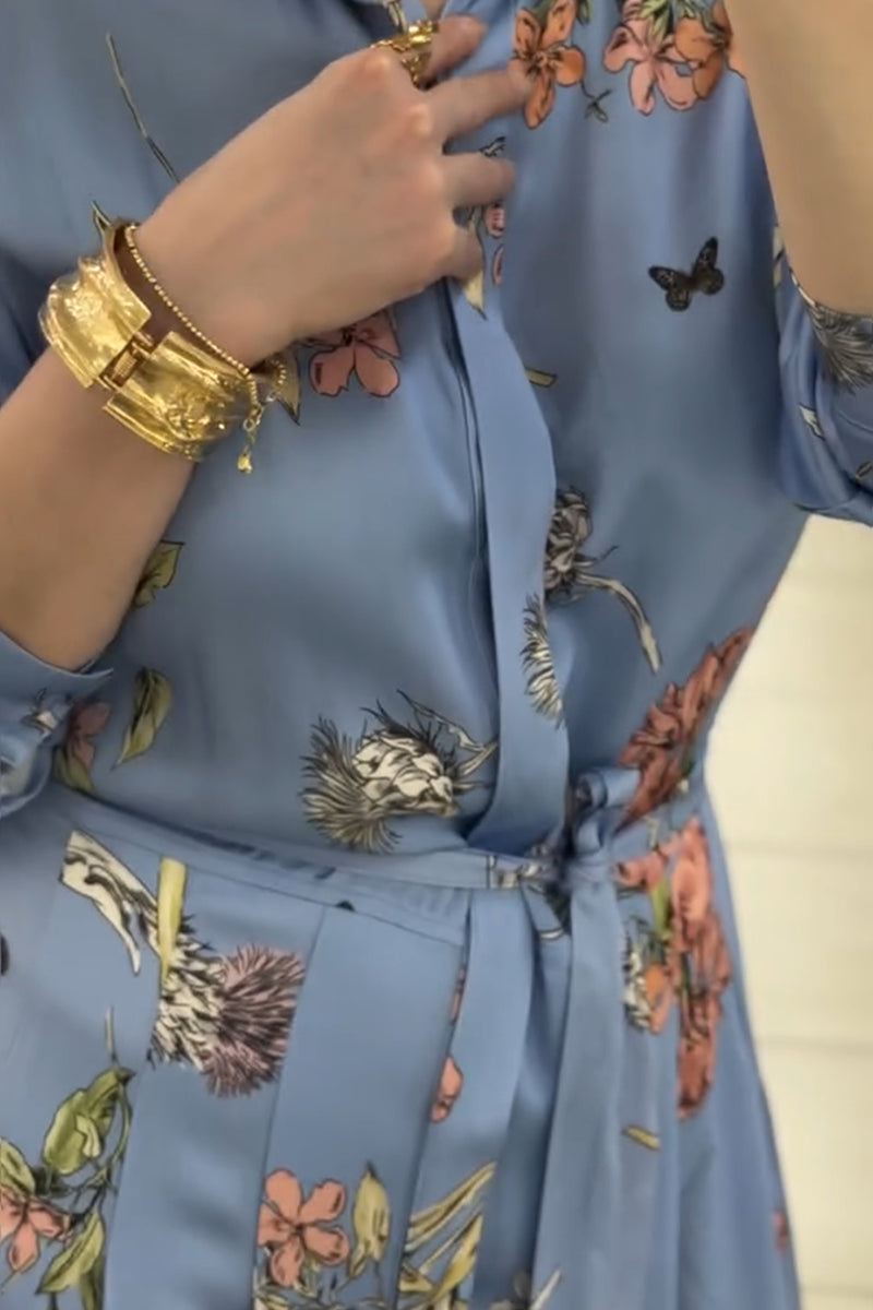 Blue Printed Long-Sleeve Shirtdress