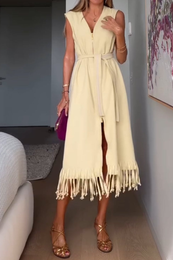 Sleeveless Deep V Fringed Slip Skirt