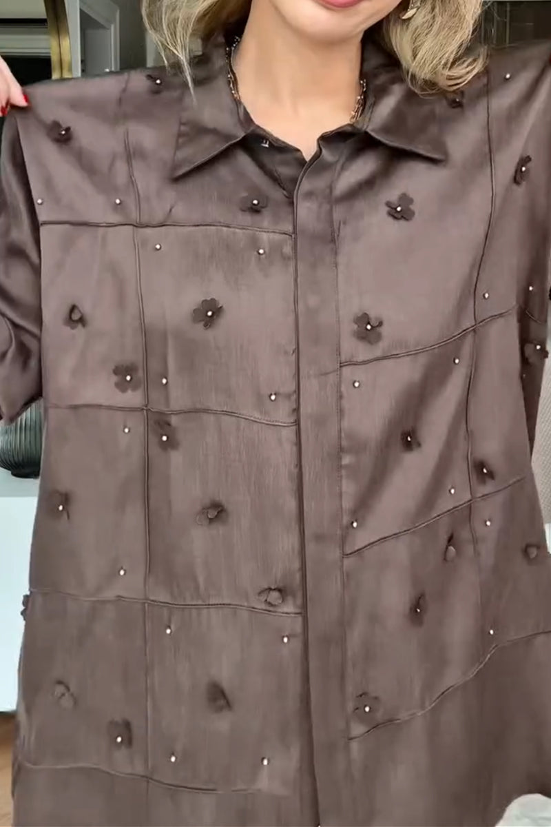 Solid Color Long Sleeve Shirt With Small Flower Decoration