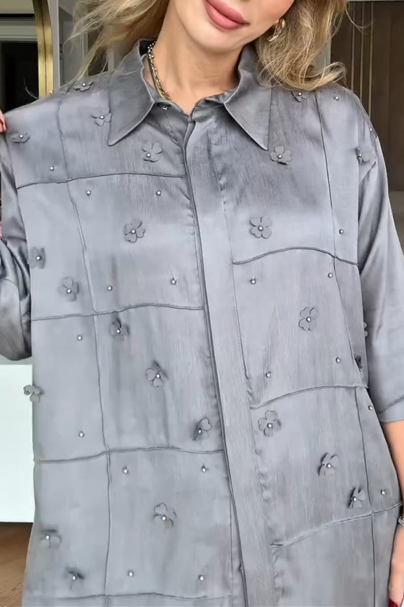 Solid Color Long Sleeve Shirt With Small Flower Decoration