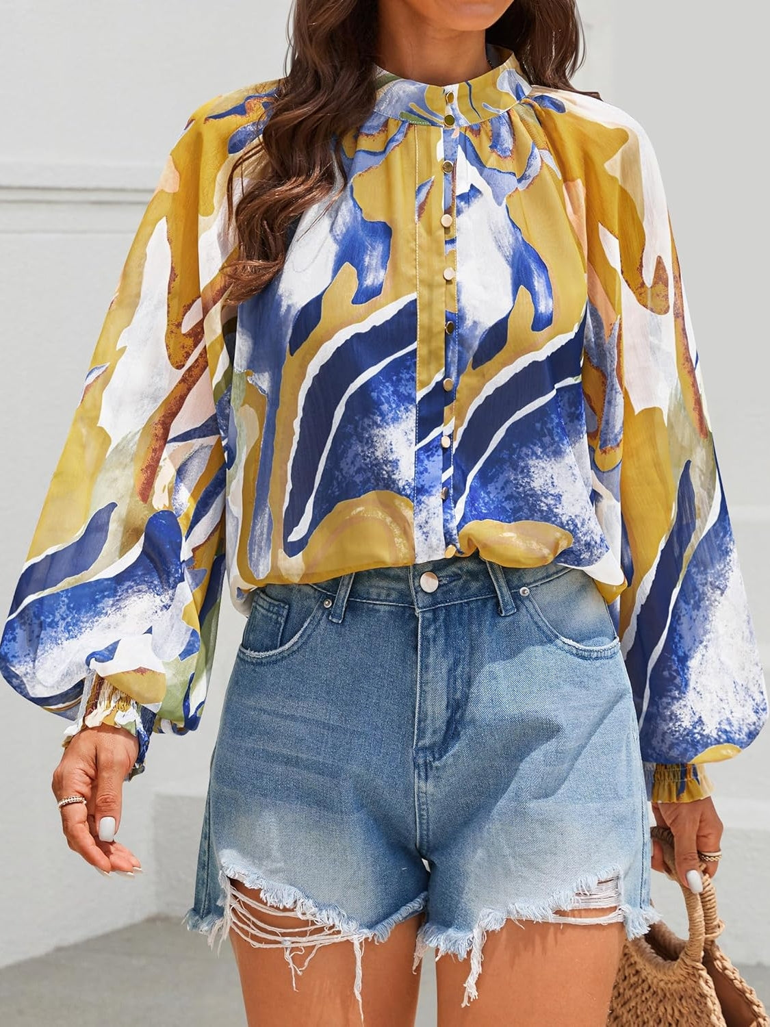 Printed Lantern Long Sleeve Chiffon Shirt