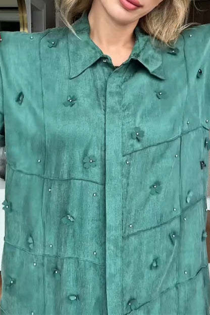 Solid Color Long Sleeve Shirt With Small Flower Decoration