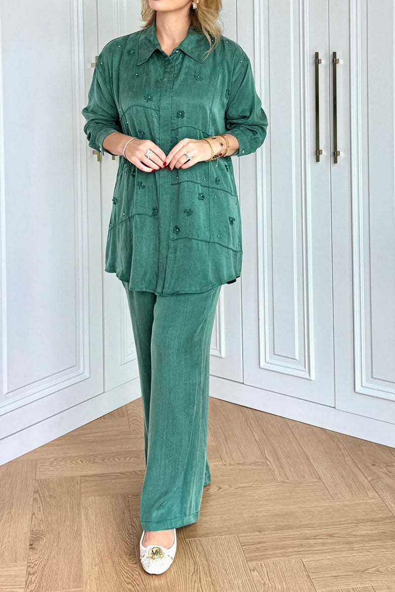 Solid Color Long Sleeve Shirt With Small Flower Decoration