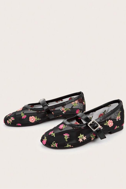 Round Toe Black Embroidered Mesh Breathable Roman Flat Sandals