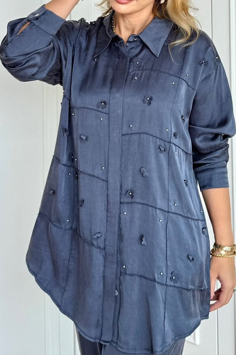 Solid Color Long Sleeve Shirt With Small Flower Decoration