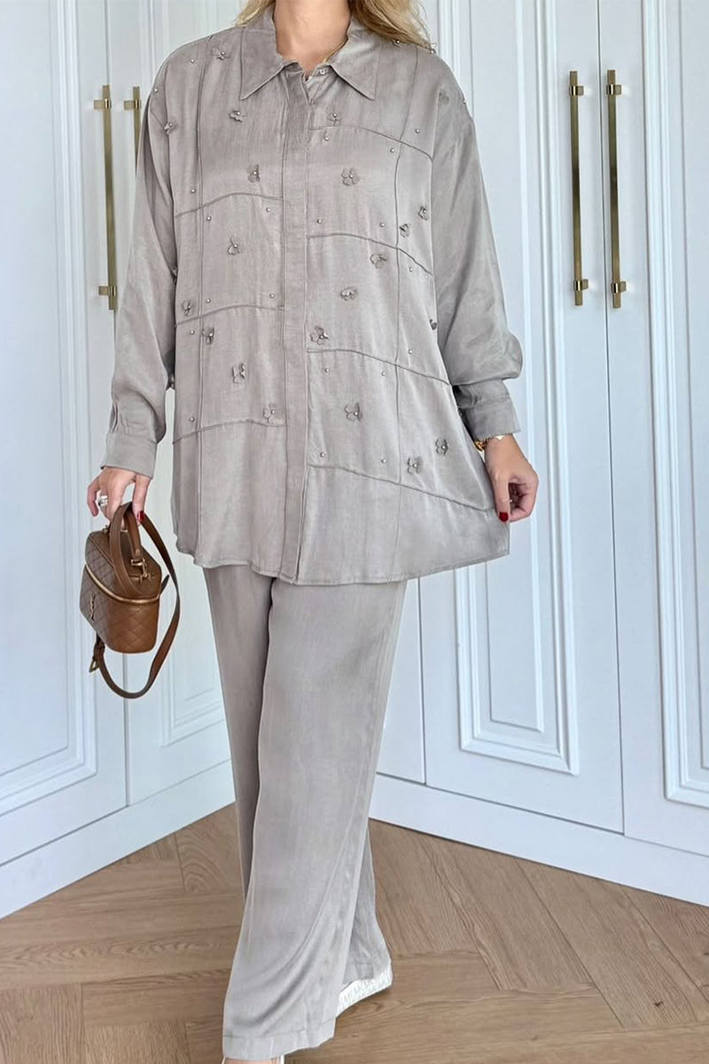 Solid Color Long Sleeve Shirt With Small Flower Decoration