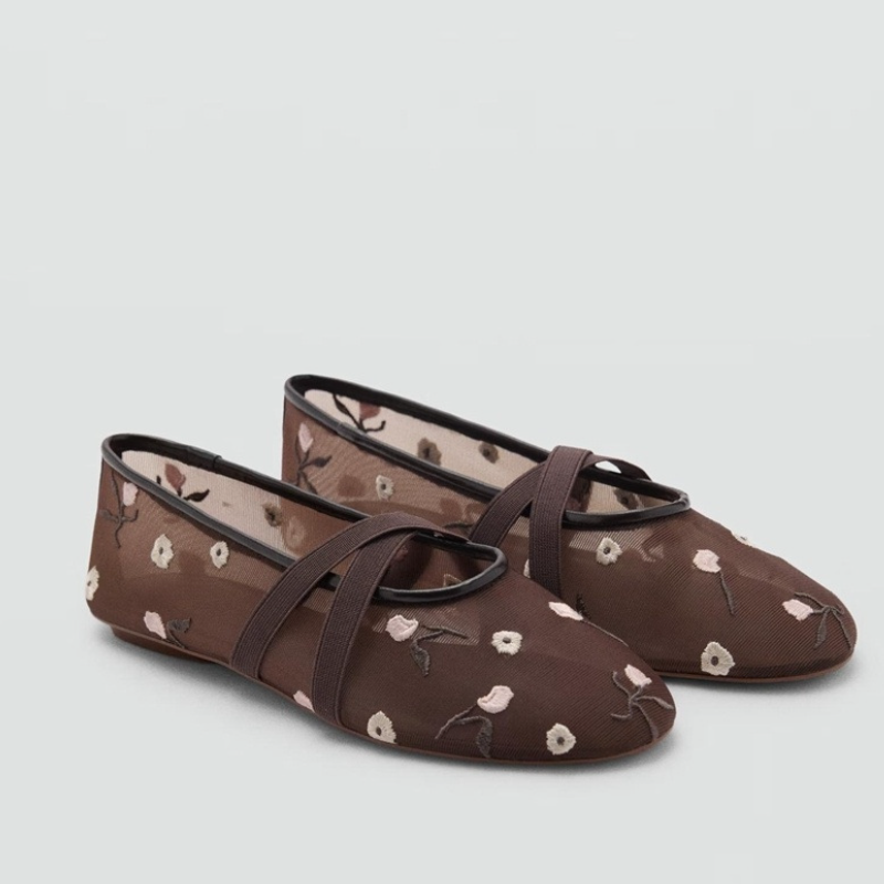 Mesh Embroidered Flower Round-toe Cross-strap Ballet Flats