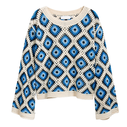 French Crewneck Crochet Cutout Sunscreen Blouse