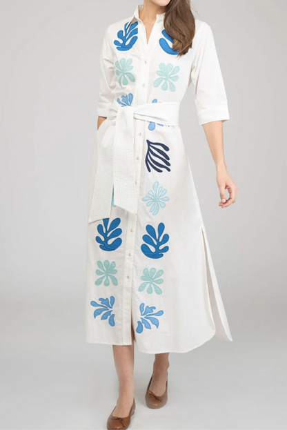 Ocean Floral Print Shirt Maxi Dress