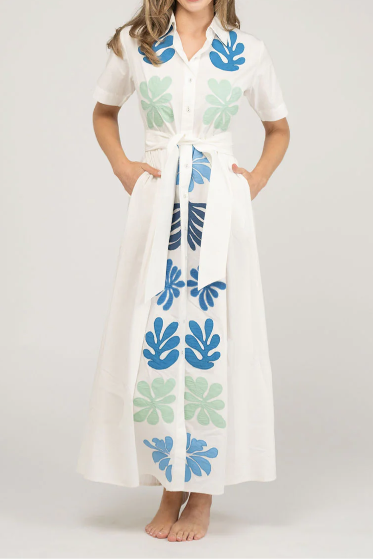 Ocean Floral Print Shirt Maxi Dress